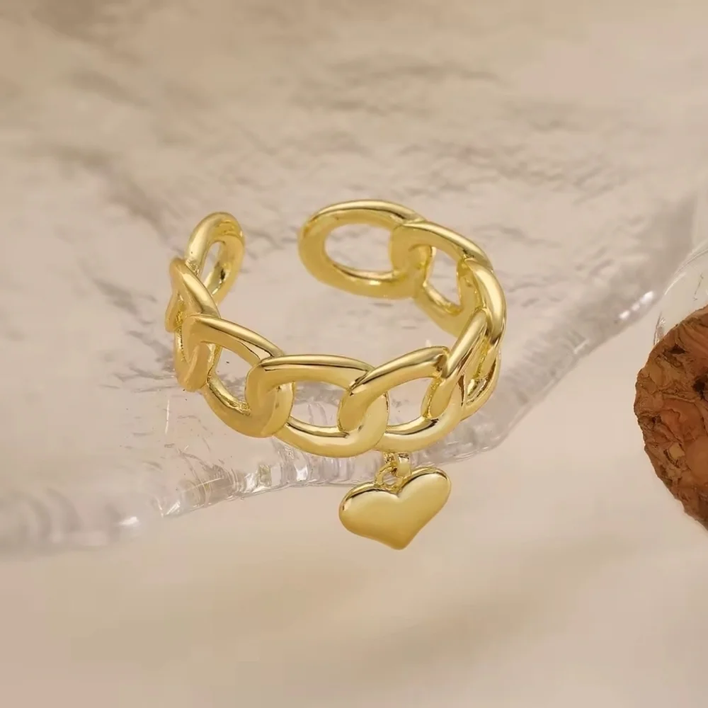 Gold Heart Charm Chain Ring